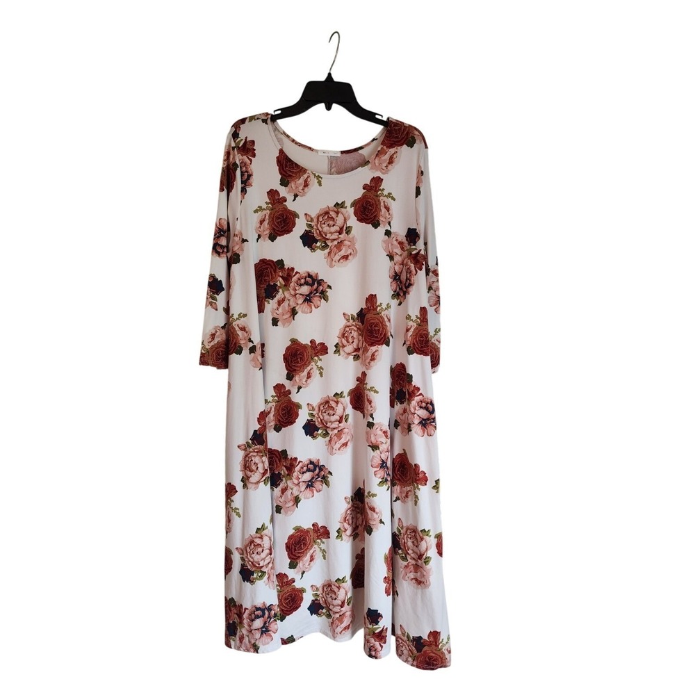 Vintage Reb & J Ivory Floral Pockets Midi Cottagecore Dress Womens Plus 3XL